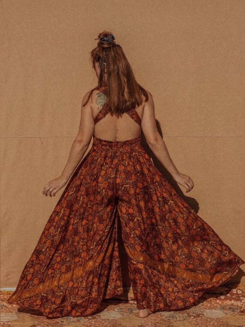 Gardenbelle Jumpsuit Wrap Bohemian Hippie Wide Leg Silk Orange Festival XXS/XS
